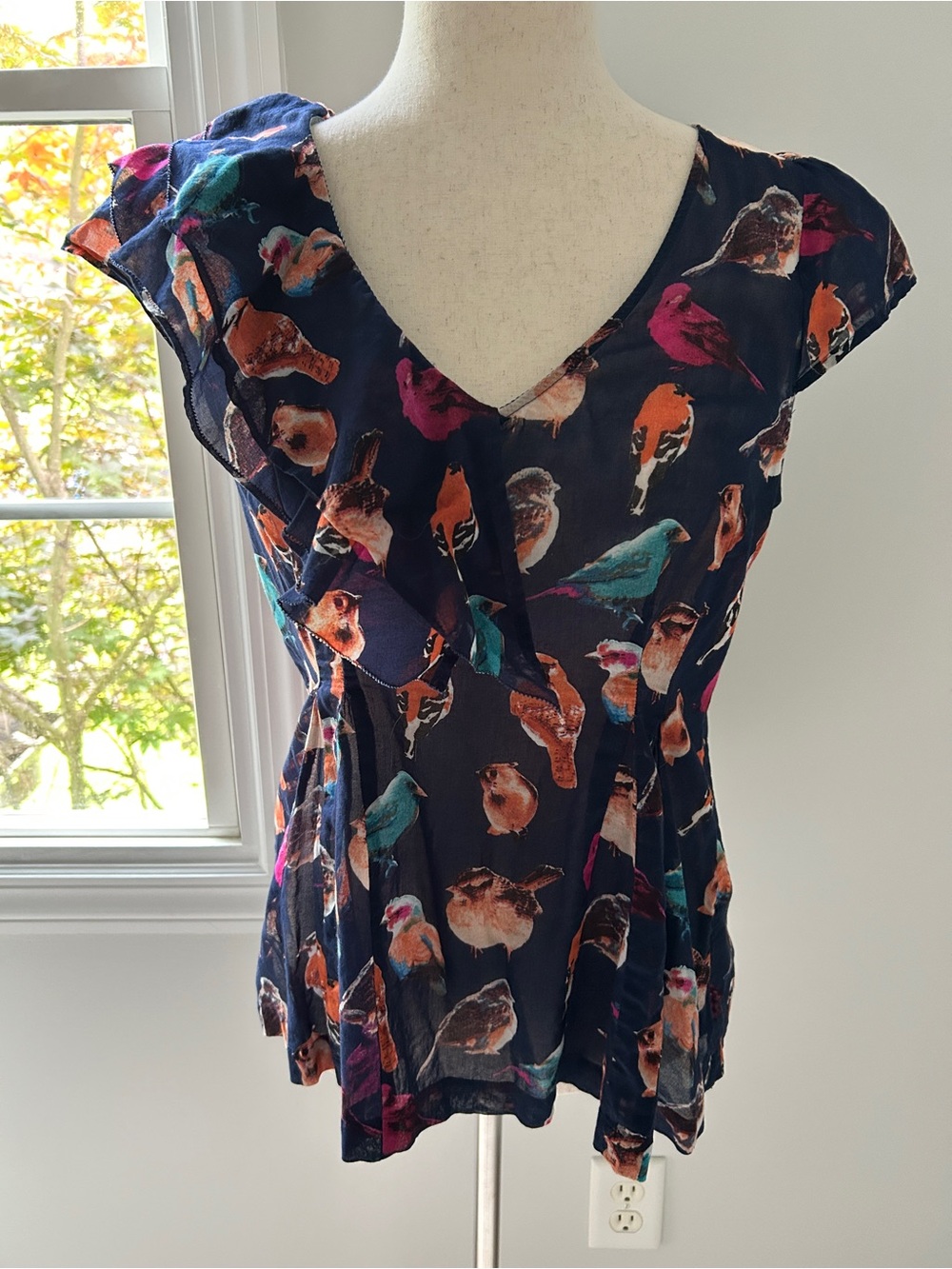 Meadow Rue Navy Bird-Print Flutter Sleeve V-Neck Blouse